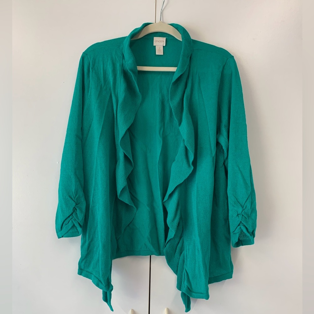 Chico’s Teal Ruffled Open Front Cardigan - sz 2 (L)